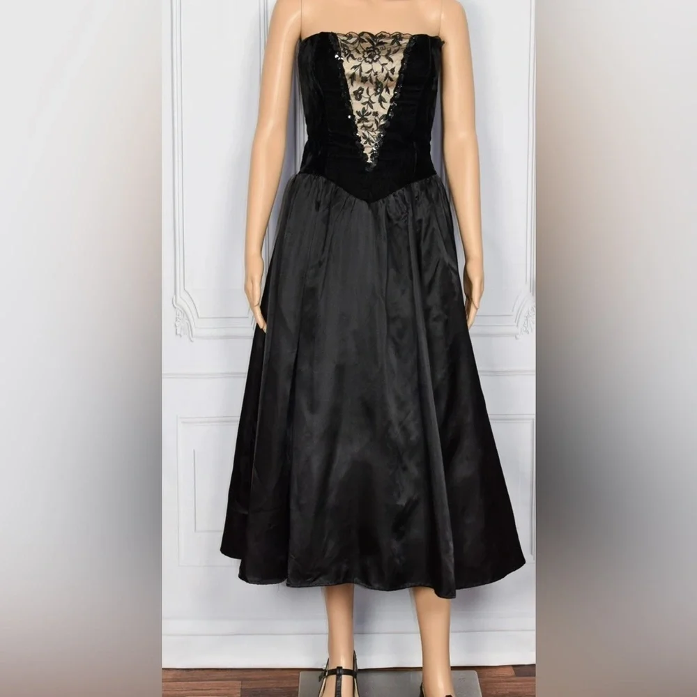 Vintage Gunne Sax Jessica McClintock Strapless Lined Tulle Velvet Sequin Dress - Picture 3 of 16